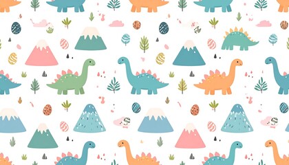 Fototapeta premium Cute dinosaur pattern with mountains and plants