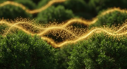 Dynamic golden essence molecules forming intricate patterns on green foliage.