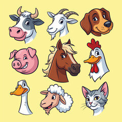 Charming cartoon heads of farm animals Illustration