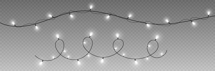 Garlands of Christmas white lights isolated on transparent background. Vector illustration.