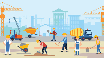 Illustration of construction workers at a building site with cranes and a cement truck visible