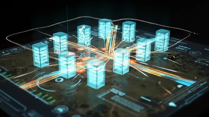 Futuristic digital interface displaying a complex network map with glowing connections at night - Powered by Adobe