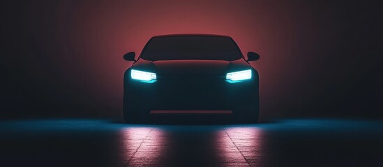 Dark car silhouette, glowing headlights, studio backdrop, product presentation