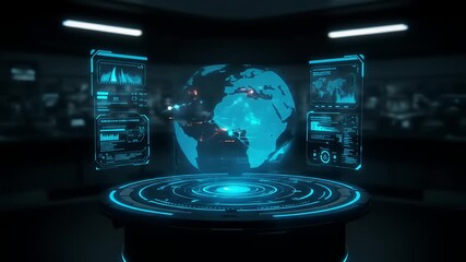 Futuristic digital interface displaying a glowing globe with data analytics in a high-tech control room - Powered by Adobe