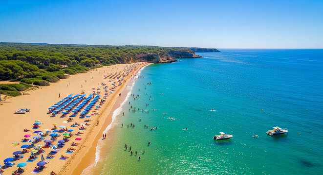 Vibrant beach scene with sunbathers relaxing under colorful umbrellas and people swimming in turquoise waters