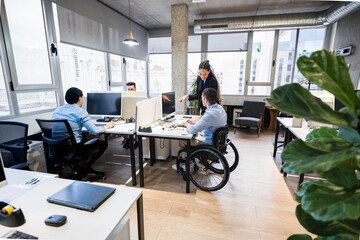 Businesswoman pointing at computer screen, explaining work to young male employee in wheelchair,...