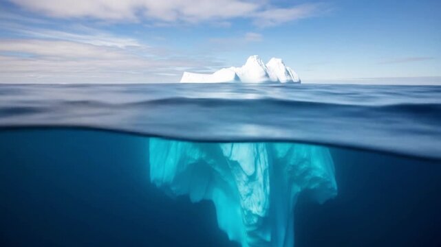 A massive iceberg partially submerged in the deep blue ocean