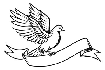 Obraz premium Dove with banner outline illustration symbolizing peace love hope and freedom