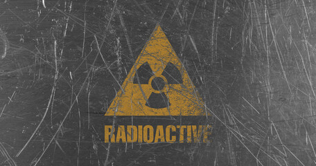 Orange radioactive sign on scratched metal background, banner design. Radiological pollution