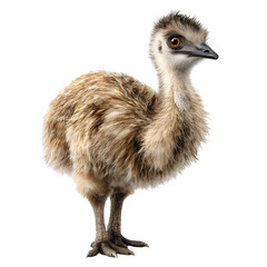 Young cute emu bird looking forward and  fluffy feathers and soft lighting and  isolated white background Batch  realistic clean bright simple modern stock image isolated on plain background for web a