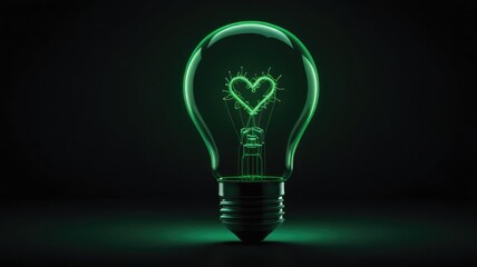 Illuminated lightbulb with a glowing heart-shaped filament, isolated on black background.