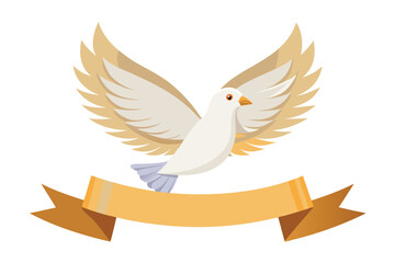 Fototapeta premium Elegant white dove illustration with golden wings and ribbon banner