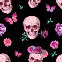 Vector romantic gothic seamless pattern with pink skulls, roses, and butterflies on black background. Perfect for fashion, print