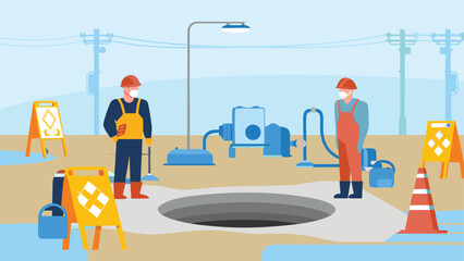 Obraz premium Two workers near open manhole with equipment and warning signs in an outdoor industrial setting scene