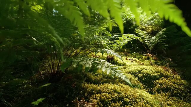 A Serene Close-Up of a Lush Forest Floor, with Sunlight Filtering Through the Canopy to Illuminate Ferns and Moss
