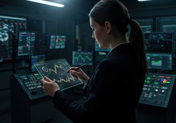 Advanced Data Analysis: Woman with Tablet in Control Room