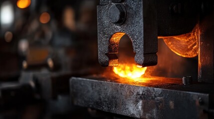 A blacksmith forging hot metal with a mechanical hammer in a workshop.