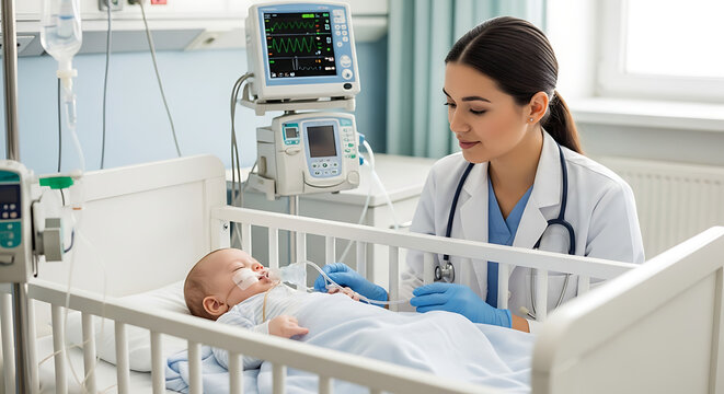 A baby being treated in the hospital due to pneumonia.
