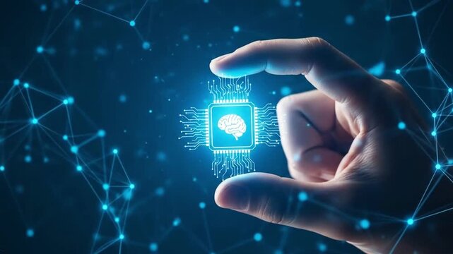 A human hand delicately holds a glowing ai chip symbolizing the future of artificial intelligence