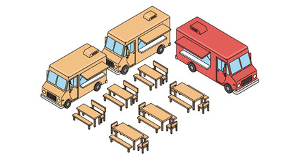 Food trucks and picnic tables arrangement isometric view