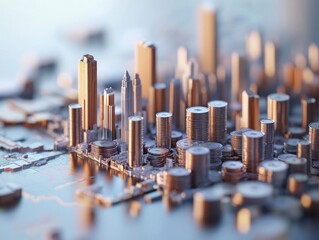Miniature city landscape with metallic buildings and intricate circuit board details, creating a futuristic or conceptual urban scene.