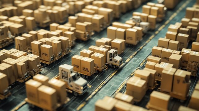 Miniature cardboard boxes and trucks on a conveyor system, a detailed view of a logistics model.