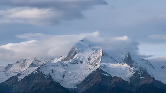 A Majestic Timelapse of Clouds Swirling Around a Snow-Covered Mountain Peak, Showcasing the Grandeur and Power of Nature, Ideal for Travel Documentaries.