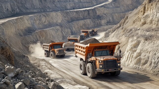 Orange mining trucks transport ore through a vast open-pit mine.