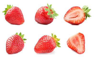 Fresh juicy strawberries isolated on white, collage. Whole and sliced