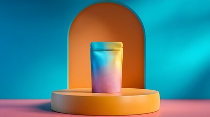 Colorful Pouch on Display Stand for Product Presentation Marketing and Branding with Vibrant Background and Modern Aesthetic Appeal
