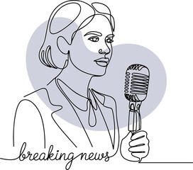 Continuous one line drawing of beautiful female reporter holding microphone in minimalist vector style for media and journalism

