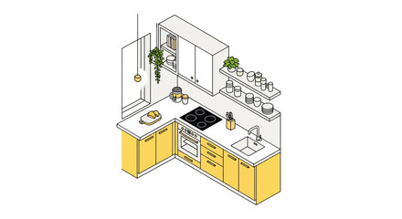 Modern kitchen corner layout with appliances and cookware