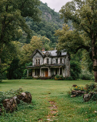 Obraz premium Detailed house standing alone in open field under surreal dark fantasy sky