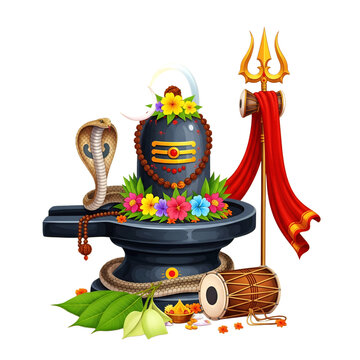 Divine Shivling with Trishul, Cobra, Rudraksha Mala, and Damru &ndash; Symbol of Lord Shiva's Power and Spiritual Energy, PNG file on transparent background 