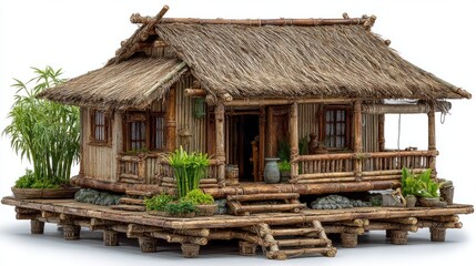 Rustic bamboo hut on stilts, showcasing traditional architecture and natural materials