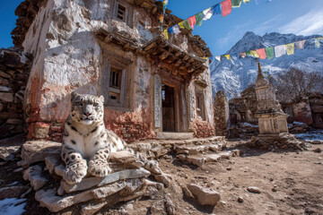 Snow leopard resting on a weathered stone altar at a himalayan buddhist temple