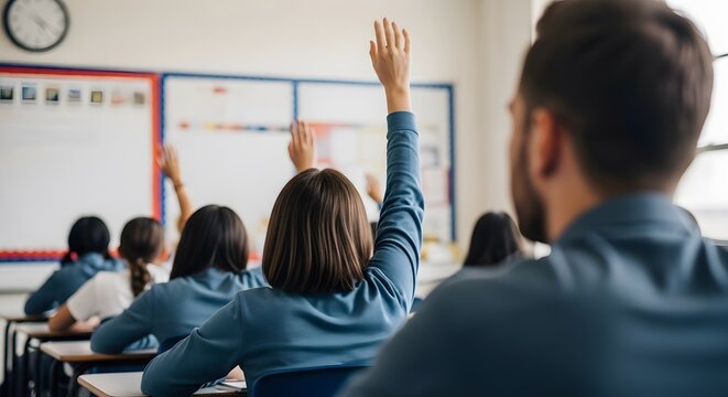 Bright Minds Engaged: Students Actively Participate in a Classroom, Raising Hands to Ask Questions and Share Ideas, Fostering an Environment of Learning and Discovery