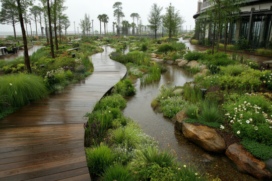 Wooden walkway through stormwater management park with decorative swales and lush plants