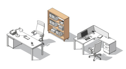 Office workspace setup with desk, chair, and bookshelf