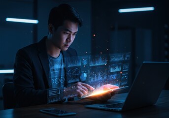 Digital Analytics: Asian Professional Navigating Data on Futuristic Interface