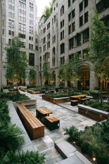 Obraz premium Modern green courtyard with natural stone pavement and wooden benches in business district