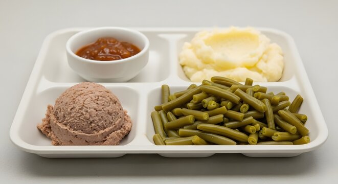School Cafeteria Meal: Unappetizing Lunch Served on a White Tray with Mashed Potatoes, Green Beans, and a Mysterious Meat Scoop, Highlighting Institutional Food.
