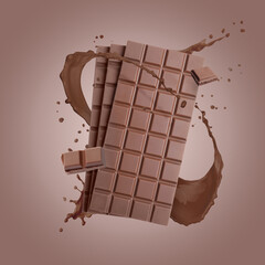 Chocolate bars and cacao drink splash on brown background
