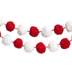 Red and white fluffy pom pom garland Christmas decoration isolated on transparent background