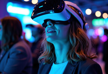Woman enjoying virtual reality experience with VR headset in vibrant setting