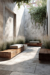 Minimalistic urban courtyard with wooden benches and linear planters in natural daylight