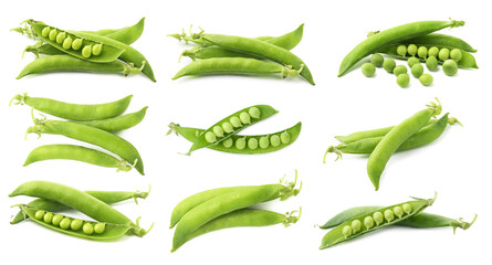 Fresh green peas and pods isolated on white, set