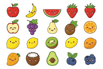 Collection of cute kawaii fruits with happy faces and expressive eyes