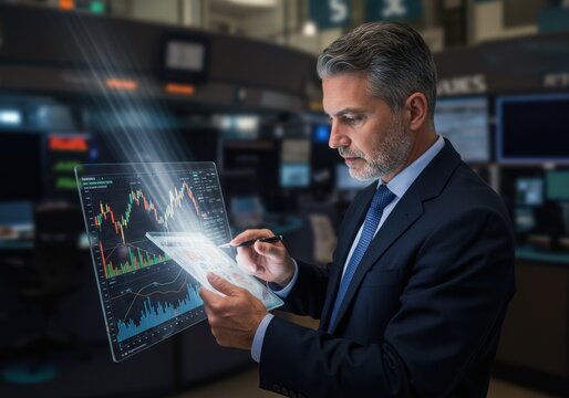 Financial Analyst Using Holographic Stock Market Data in Trading Room - Powered by Adobe