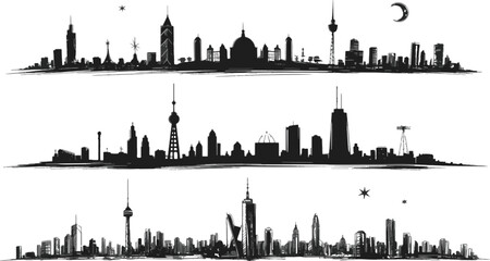 Obraz premium City Skyline Silhouette Illustrations with Moon and Stars